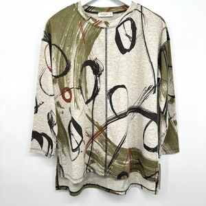 Jess & Jane Top Shirt Size Small Pearls Stretch 3/4 Sleeves Earthy Artsy USA New